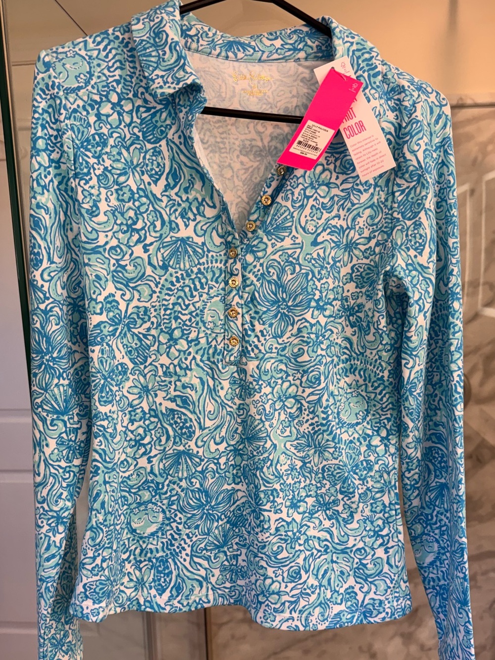 Nwt Lilly Pulitzer Aqua and White Floral-Print Long-Sleeve Polo